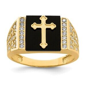 10k Yellow Gold Genuine Fine Jewelry  CZ & Onyx Cross Men's  Ring